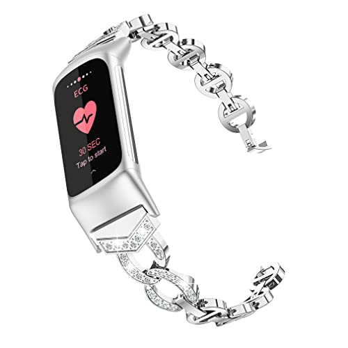 Wearlizer Compatible with Fitbit Charge 5 Bands, Adjustable Premium Metal Straps Bling Bracelet Dressy Wristbands Cute Accessories Replacement for Charge 5 Bands for Women, Silver