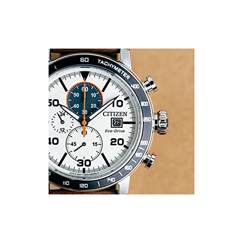 Citizen Men's Eco-Drive Weekender Brycen Chronograph Watch in Stainless Steel, Brown Leather Strap, Ivory Dial (Model: CA0649-06X)