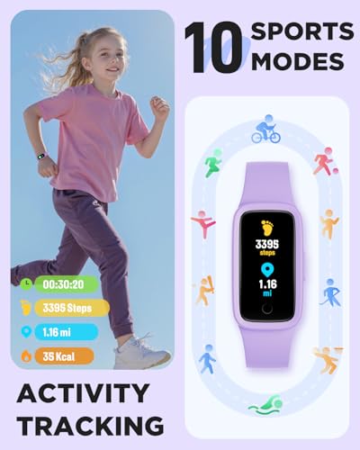 BIGGERFIVE Vigor 3 Kids Fitness Tracker Watch, AMOLED Screen, No App No Phone Needed, 3ATM Waterproof, Heart Rate and Sleep Monitor, Pedometer Watch, Sports Step Counter for Girls Ages 5-15, Lilac