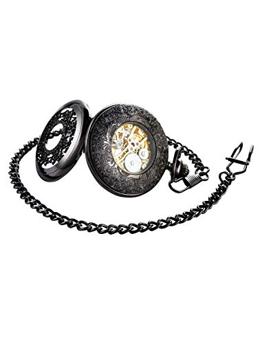 BOSHIYA Mechanical Pocket Watch, Luminous Skeleton Black for Men.