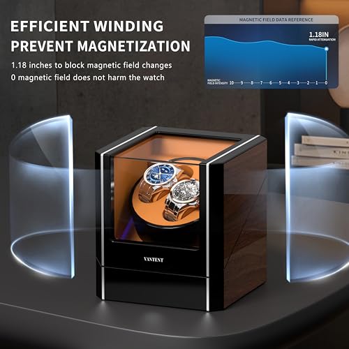 VANTENT Watch Winder for Automatic Watches with Exterior LED Lighting，Shining Finishing and Quiet Japanese Motor 2.0MAX Black (Brown)