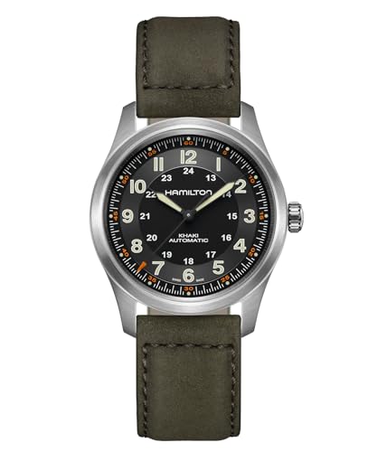 Hamilton Khaki Field Titanium Automatic Men's Watch, 38mm Titanium Case, Swiss Made, Black Dial Analog Wrist Watch for Men, 100m Waterproof, Sapphire Crystal, 3-Hand Movement, Cow Leather Strap