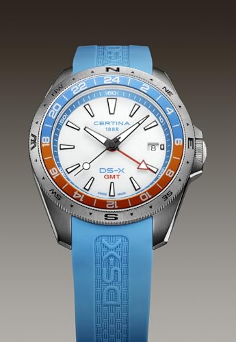 Certina,Mens,DS-X GMTQuartz,Stainless Steel,41.2mmWatch,White,Rubber,C0474521701100