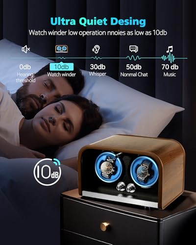 Clewcks Watch Winder for Automatic Watches, Watch Winders Box for Rolex,Double Japanese Silent Motor, 4 Rotation Mode Setting, Blue Light, Plug-in or 2 * AA Batteries (not included), Gift for man