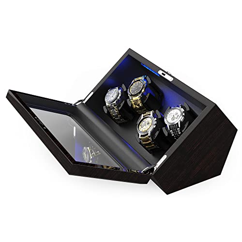 INCLAKE High End Watch Winder for 4 Watches with Soft Flexible Watch Pillows, Blue Led Light, Open and Shut Down Featured, Pine Bark Pattern