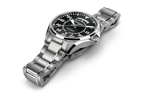 Hamilton Khaki Aviation Automatic Men's Watch, 42mm Stainless Steel Case, Swiss Made, Black Dial Analog Wrist Watch for Men, 100m Waterproof, Sapphire Crystal, Stainless Steel Strap