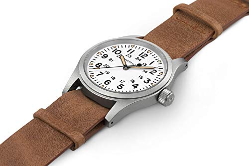 Hamilton Khaki Field Mechanical Men's Watch, 38mm Stainless Steel Case, Swiss Made, White Dial Analog Wrist Watch for Men, 50m Waterproof, Sapphire Crystal, Cow Leather Strap