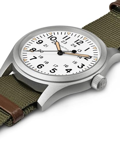 Hamilton Khaki Field Mechanical Men's Watch, 42mm Stainless Steel Case, Swiss Made, White Dial Analog Wrist Watch for Men, 50m Waterproof, Sapphire Crystal, Textile Strap