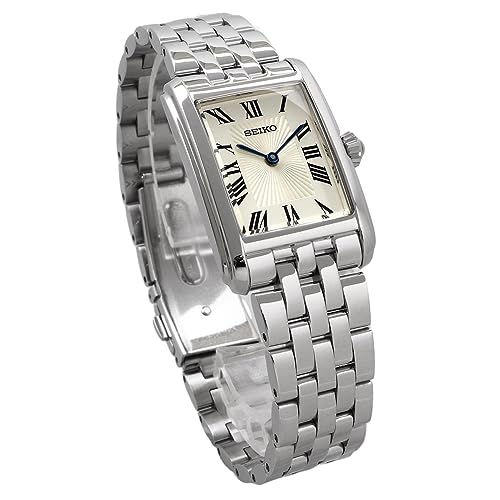 Seiko SWR083 Rectangular Watch - Essentials Collection - Roman Numeral Dial, Blue Hands, Stainless Steel Bracelet, and 50m Water Resistance