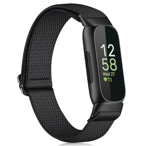 FINTIE Elastic Bands Compatible with Fitbit Inspire 3, Adjustable Stretchy Nylon Loop Band Breathable Replacement Strap Accessory Wristband, Black