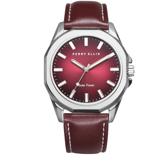 Perry Ellis Solar Powered Mens Watch | Vegan Leather Water-Resistant Analog Wrist Watches for Men | 42mm Case | Relojes para Hombres | Elegant Gift for Man (Red)