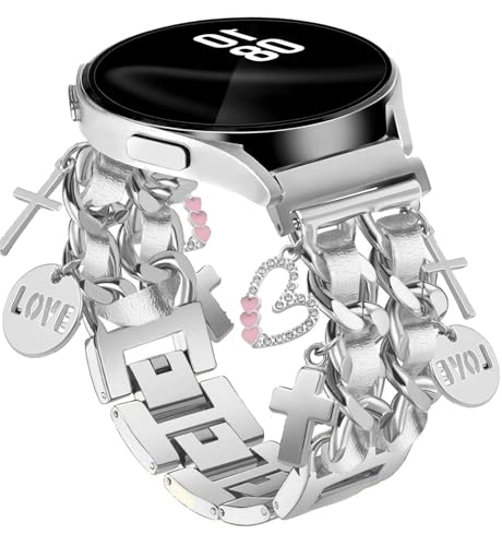 Silver Bracelet Band with Cute Charm Compatible for Samsung Galaxy Watch 7 6 5 4 FE 40mm 44mm/5 Pro 45mm/6 Classic 43mm 47mm/4 Classic 42mm 46mm, Galaxy Active 2, 20mm Metal Replacement Strap for Women