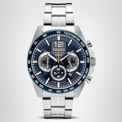 SEIKO SSB345 Watch for Men - Essentials - with Quartz Chronograph, Tachymeter Bezel, Blue Ion-Finish, Date Calendar, Stainless Steel Case and Bracelet, and 100m Water-Resistant