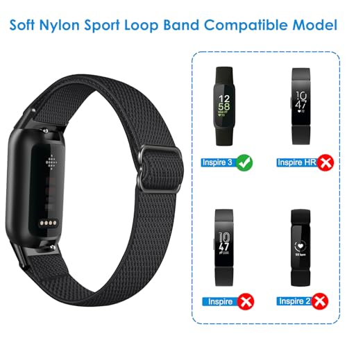 FINTIE Elastic Bands Compatible with Fitbit Inspire 3, Adjustable Stretchy Nylon Loop Band Breathable Replacement Strap Accessory Wristband, Black