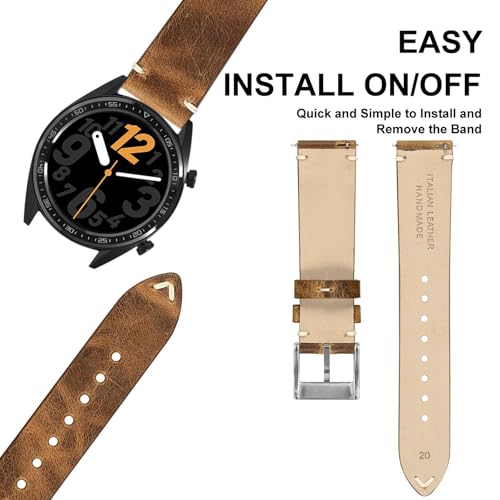 ANNEFIT Quick Release Watch Bands, Italian Vintage Leather Replacement Strap for Men and Women, Band Width 20mm (Saddle Brown)