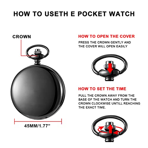 Realpoo SwitchMe Smooth Black Pocket Watch for Men Quartz Arabic Digital Dial with Chain,Smooth Quartz Men's Pocket Watch for Father's Day Christmas Gift - Black
