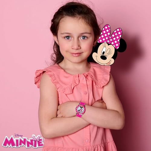 Disney Minnie Mouse Kids' Time Teacher Watch – Pink Rubber Strap, Easy-Read Analog Dial with Minnie Artwork, Enamel Bezel, Educational Watch for Girls – Fits Wrists 5.5" to 8"
