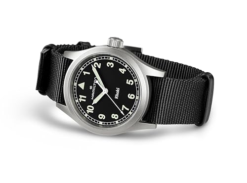 Hamilton Khaki Field Khaki Quartz Men's Watch, 38mm Stainless Steel Case, Swiss Made, Black Dial Analog Wrist Watch for Men, 50m Waterproof, Sapphire Crystal, Textile Strap