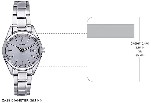 SEIKO SUR633 Watch for Women - Essentials Collection - with Stainless Steel Case and Bracelet, Silver Sunray Dial, Date Calendar, and Water-Resistant to 100m