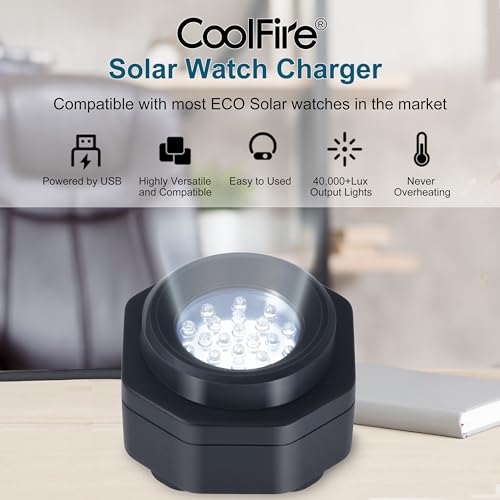 CoolFire (The Original) - USB-C UV Free Solar Watch Fast Charger for All Eco Solar Watches. Safe 24/7 Charging (No 8H Timer Needed). Reloj Hombre Portable Charger. BK