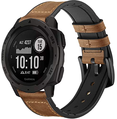 Leather Watch Band for Garmin Instinct/Instinct 2 Solar / Instinct3 45mm, Soft Genuine Leather with Silicone Sweatproof Wrist Strap for Garmin Instinct Tactical/Tide/Esports/Instinct Solar-Max Wrist 8.1"