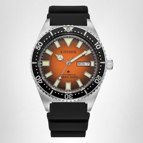 Citizen Men's Automatic Promaster Sea Dive Watch, Black Polyurethane Strap, Orange Dial, Day/Date (Model: NY0120-01Z)