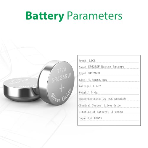 LiCB 20 Pack SR626SW 377 626 Watch Battery 1.5V Button Cell Batteries