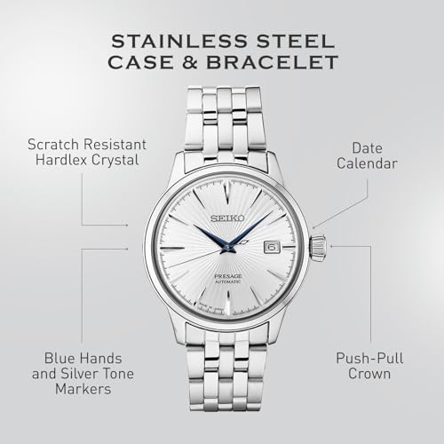 SEIKO SRPB77 Automatic Watch for Men - Presage Cocktail Time - Patterned Silver Dial with Gloss Finish, Date Calendar, 50m Water-Resistant