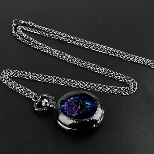 YIHAOYH Vintage Pocket Watch for Women Men Graphic Design Quartz Pocket Watches with Chain Pendant Christmas Birthday Gift with Box (Purple Rose)