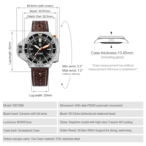 watchdives WD1968 PT5000 Automatic Dive Watch for Men, Black Dial Date Window Sapphire Crystal Watch, 300M Water Resistant Full Lume Ceramic Bezel BGW9 Luminous Leather Strap Watch