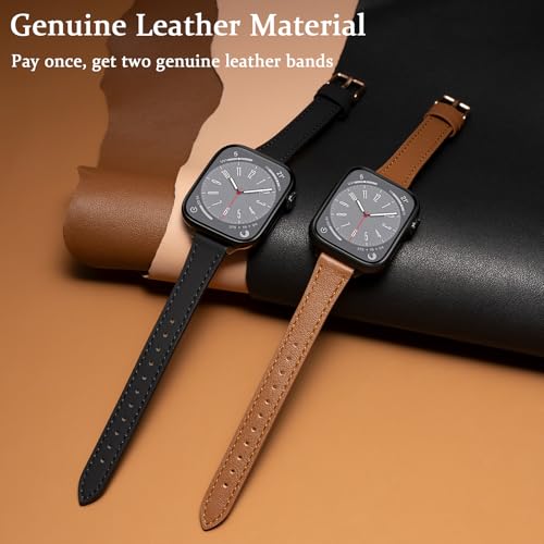 SEURE 2-pack Leather Band Compatible with Apple Watch Bands for women 38mm 40mm 41mm 42mm 44mm 45mm 46mm,Top Genuine Leather Wristband Slim Thin Strap for iWatch SE Series 11/10/9/8/7/6/5/4/3/2/1