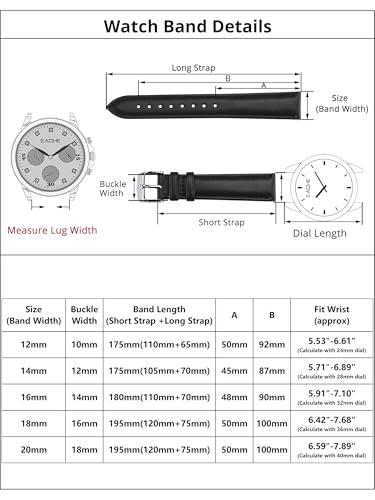 EACHE 12mm Leather Watch Bands for Women Ladies Quick Release Black Leather Watch Band Replacement Strap with Silver Buckle