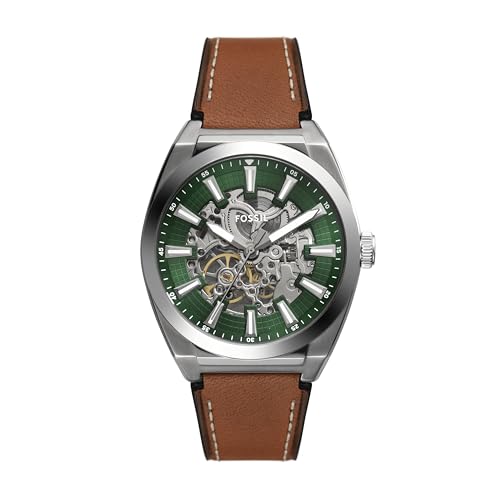 Fossil Men's Everett Automatic Stainless Steel, Three-Hand Watch for Men, Brown Leather/Silver/Green