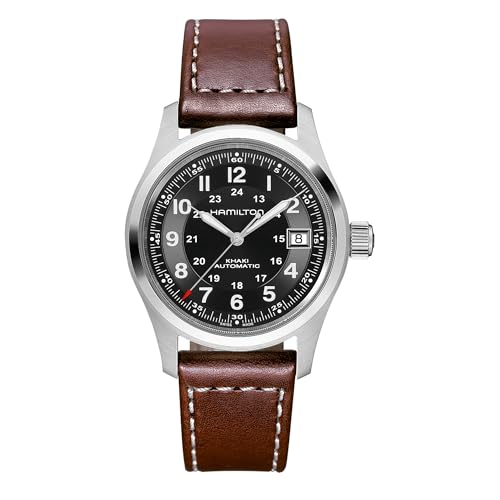 Hamilton Khaki Field Automatic Men's Watch, 38mm Stainless Steel Case, Swiss Made, Black Dial Analog Wrist Watch for Men, 100m Waterproof, Sapphire Crystal, 3-Hand Movement, Cow Leather Strap