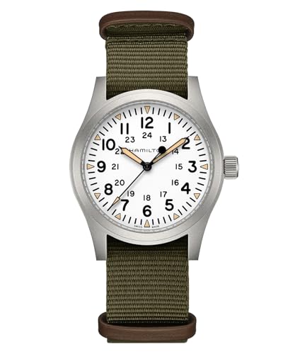 Hamilton Khaki Field Mechanical Men's Watch, 42mm Stainless Steel Case, Swiss Made, White Dial Analog Wrist Watch for Men, 50m Waterproof, Sapphire Crystal, Textile Strap