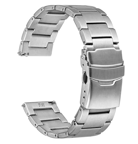 WOCCI 20mm Heavy-duty Metal Watch Band for Men, 316L Stainless Steel, Double Locking Deployant Clasp (Silver)