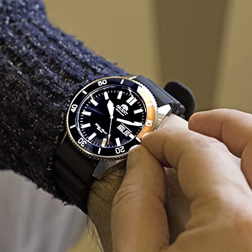 Orient Kano/Big Mako Men's Automatic Manual Winding Mechanical Sports Steel Silicone Wrist Watch - Underwater, Silicone Blue Orange, Strap