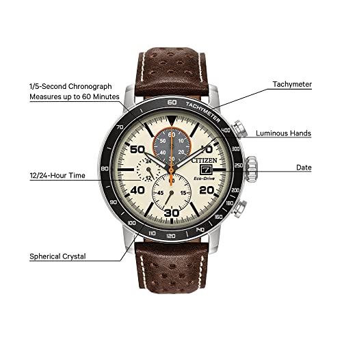 Citizen Men's Eco-Drive Weekender Brycen Chronograph Watch in Stainless Steel, Brown Leather Strap, Ivory Dial (Model: CA0649-06X)