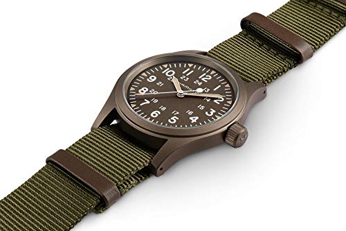 Hamilton Khaki Field Mechanical Men's Watch, 38mm Stainless Steel Case, Swiss Made, Green Dial Analog Wrist Watch for Men, 50m Waterproof, Sapphire Crystal, Textile Strap
