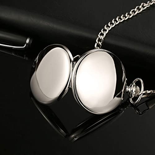 BOSHIYA Smooth Quartz Pocket Watch for Men Classic Arabic Digital Luminous Dial with Day Date and Chain Christmas Graduation Birthday Gift Silver