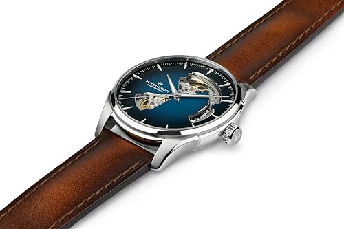 Hamilton Jazzmaster Open Heart Automatic Men's Watch, 40mm Stainless Steel Case, Swiss Made, Blue Dial Analog Wrist Watch, 50m Waterproof, Sapphire Crystal, 3-Hand Movement, Cow Leather Strap