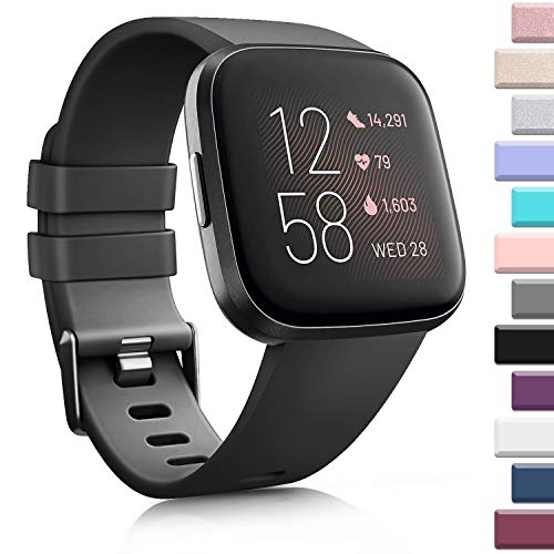 AK Sports Bands Compatible for Fitbit Versa 2, Soft Elastomer Multi-colors Replacement Wristbands for Fitbit Versa Smart Watch (Black, Large)