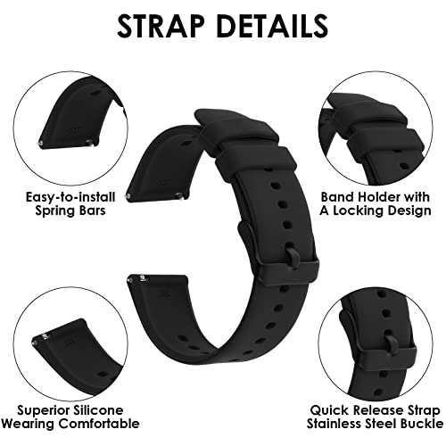 TIESOME 20mm Silicone Watch Bands, Quick Release Waterproof Soft Rubber Replacement Straps with Silver Plated Stainless Steel Buckle Compatible with Smart Watch Sport Watch for Men Women (20mm, Black)
