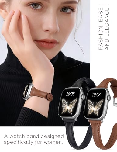 2 pack Slim Leather Bands Compatible with Apple Watch Band 38mm 40mm 41mm 42mm(Series 11/10) Women,Top Layer Genuine Leather Strap for iWatch Series 9/8/7/6 5/4/3/2/1/SE(Black/Brown)