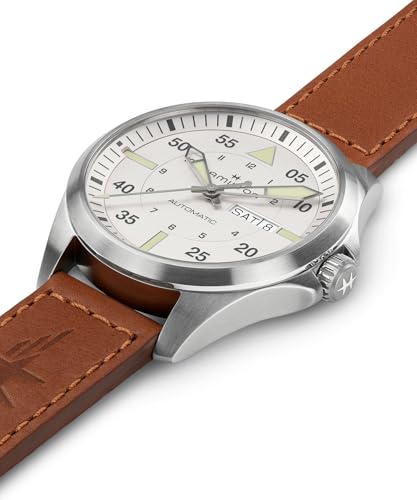 Hamilton Khaki Aviation Automatic Men's Watch, 42mm Stainless Steel Case, Swiss Made, Silver Dial Analog Wrist Watch for Men, 100m Waterproof, Sapphire Crystal, 3-Hand Movement, Calf Leather Strap