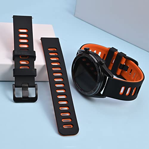 WOCCI 22mm Bicolor Watch Band, Silicone Rubber, Quick Release Replacement Strap for Men and Women, Black Stainless Steel Buckle (Black-Orange)