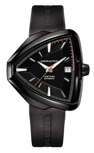 Hamilton Ventura Automatic Men's Watch, 42mm x 45mm Stainless Steel Case, Swiss Made, Black Dial Analog Wrist Watch for Men, 50m Waterproof, Sapphire Crystal, 3-Hand Movement, Rubber Strap