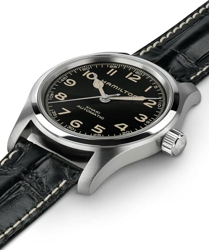 Hamilton Khaki Field Murph Automatic Men's Watch, 42mm Stainless Steel Case, Swiss Made, Black Dial Analog Wrist Watch for Men, 100m Waterproof, Sapphire Crystal, Cow Leather Strap