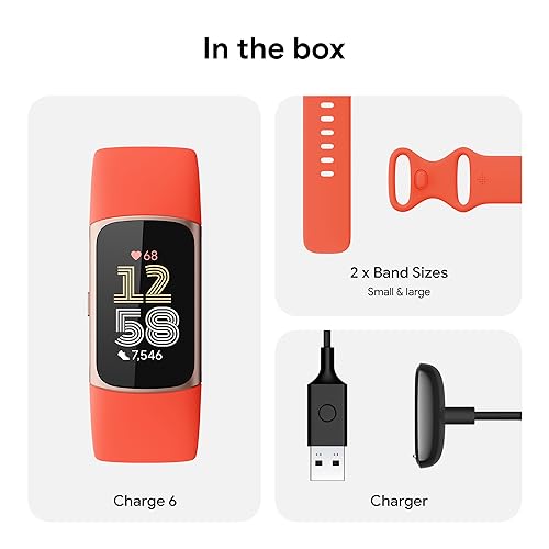 Fitbit Charge 6 Fitness Tracker with Google Apps - Heart Rate on Exercise Equipment - 3-Month Google Health Premium Membership Included - Health Tools - Gold/Coral - Small&Large Bands Included