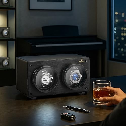 MOZSLY Double Watch Winder for Automatic Watches with Quiet Motor 12 Rotation Mode Setting AC Adapter or Battery Powered PU Leather Full Black